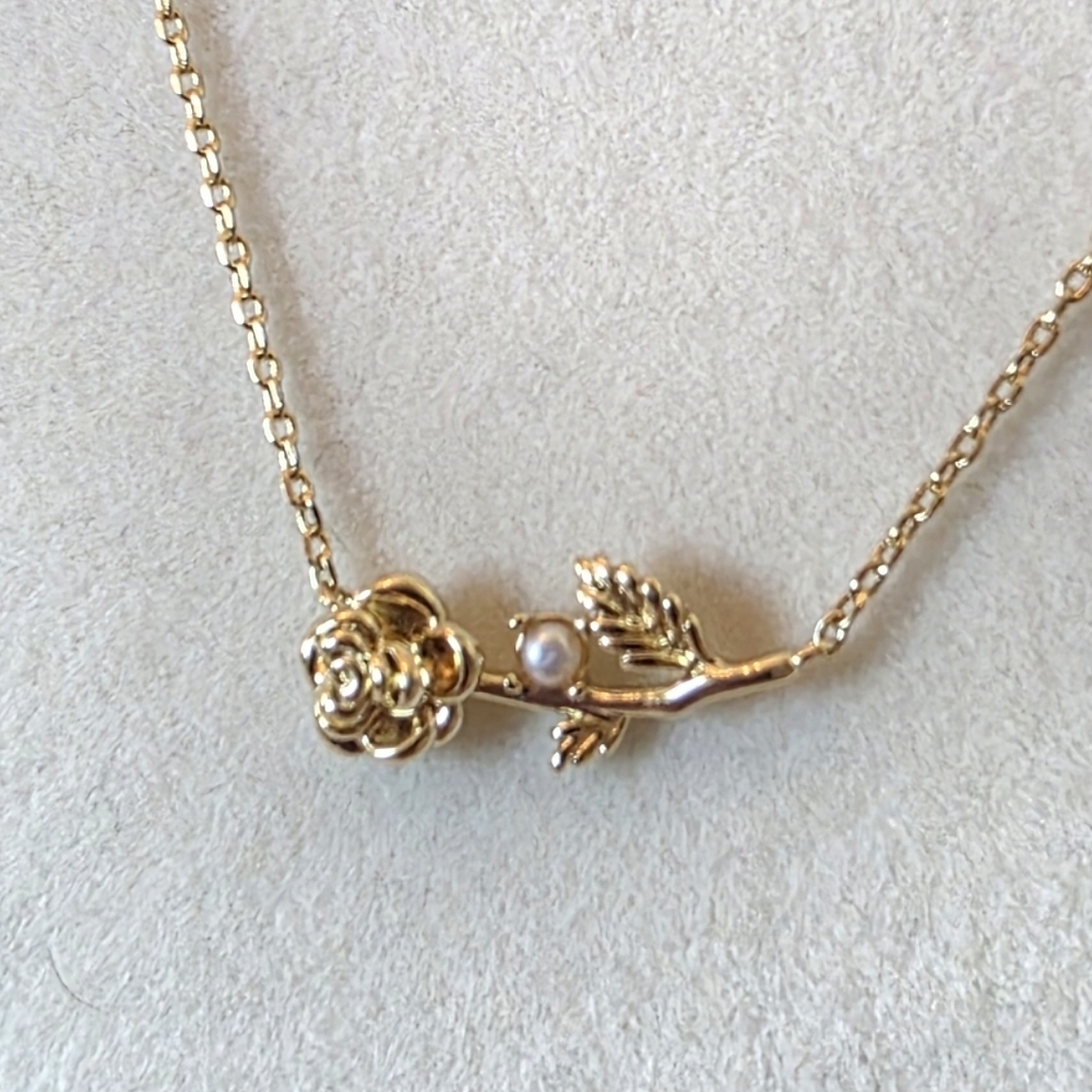 Gold Tone Rose & Pearl Necklace - Sterling Silver - 18”